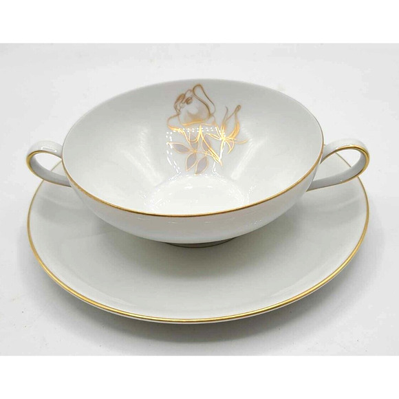 Vtg KPM Krister Germany Cream Soup Bowl & Sauser Gold Rose. Choice of quantity. - Picture 1 of 8